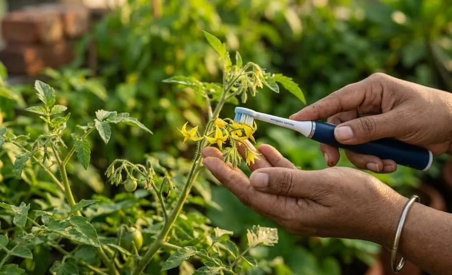 hand pollinating tomato flowers electric toothbrush technique India