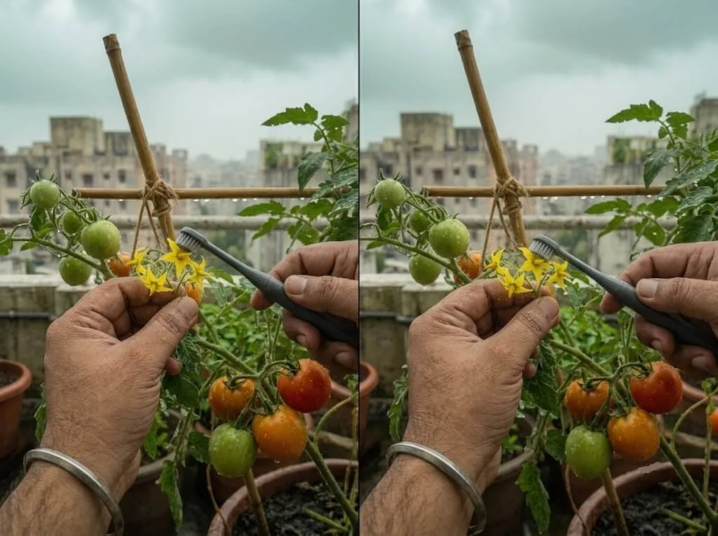 hand pollinating tomato flowers morning window India