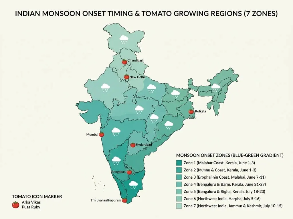 India monsoon onset zones map tomato growing