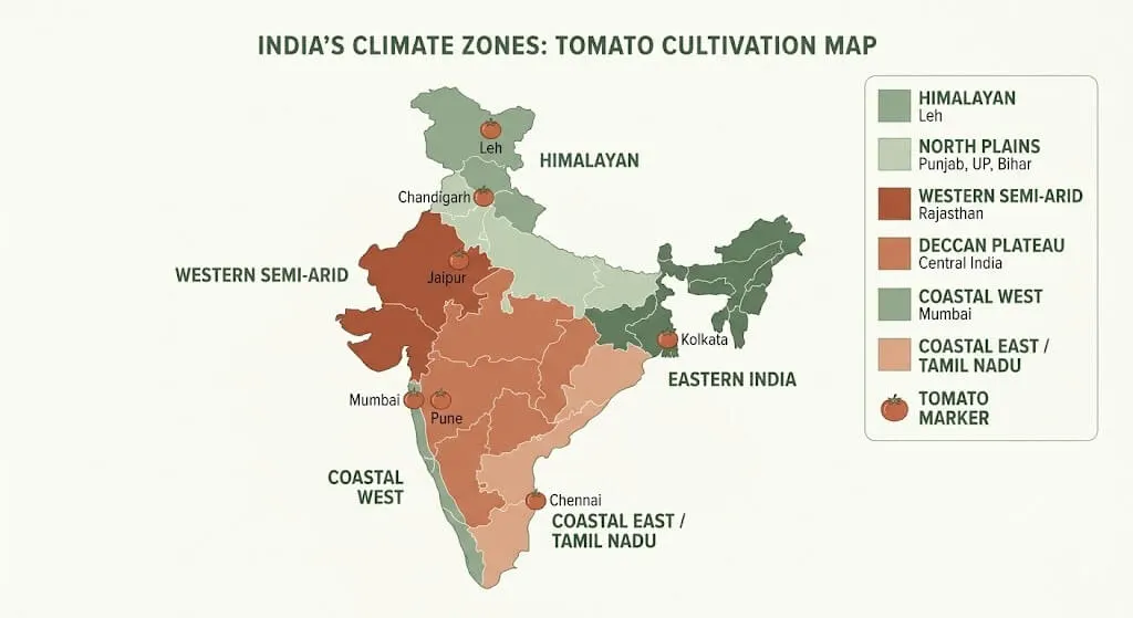 India 7-zone tomato growing climate map