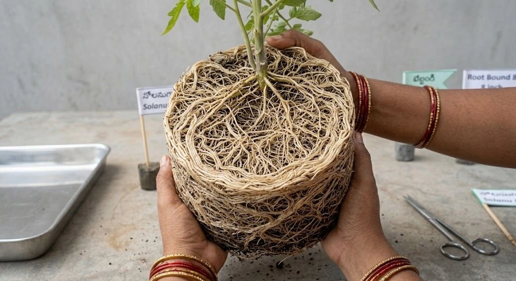 root bound tomato plant undersized container comparison