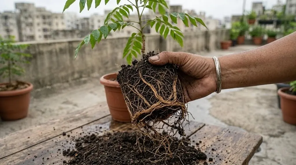 root rot diagnosis monsoon container plant India