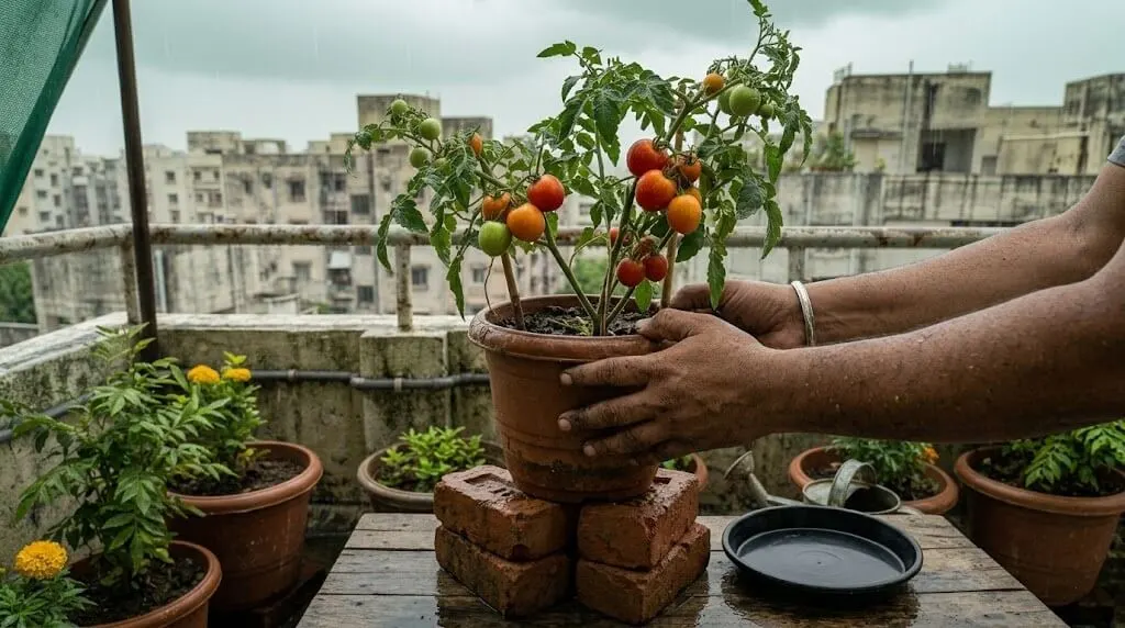 saucer removal and brick elevation tomato container monsoon
