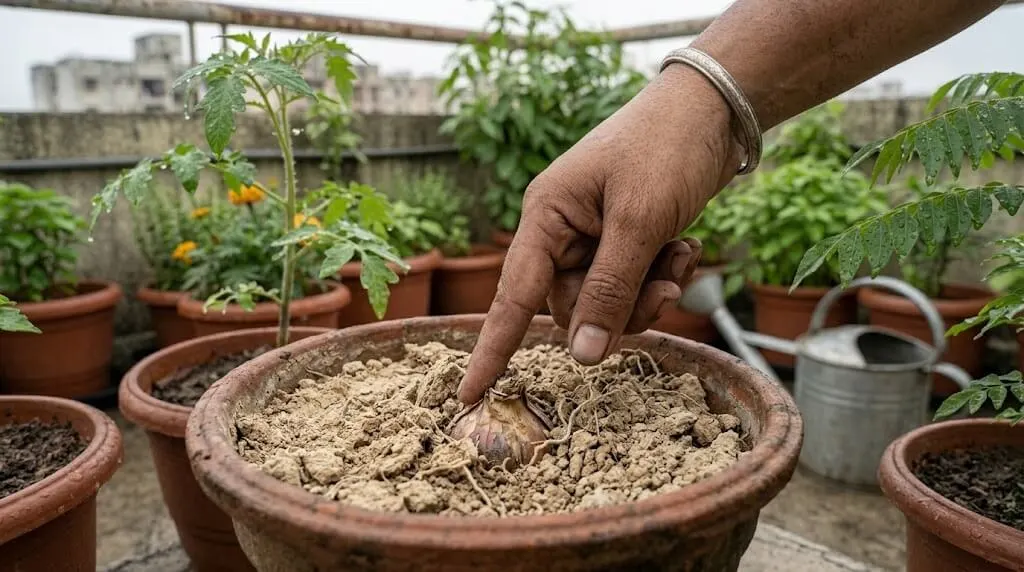 soil dry despite rain monsoon container plant India