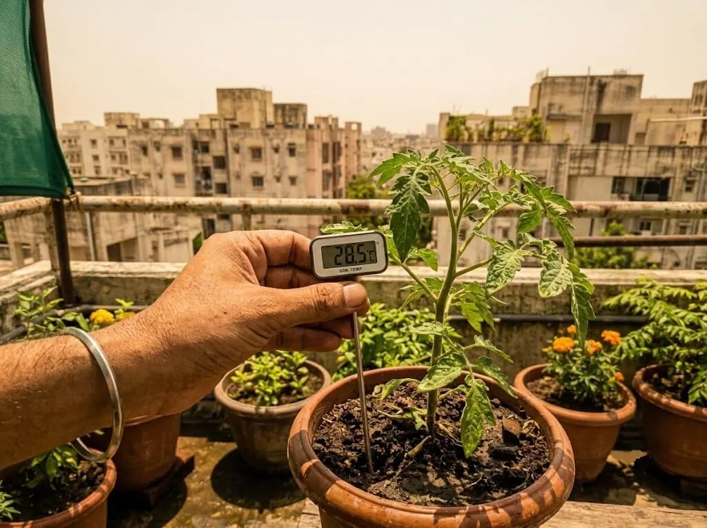 soil probe thermometer checking tomato container temperature