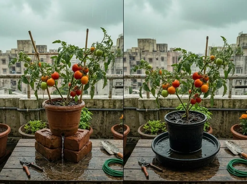 terracotta vs black plastic container monsoon drainage comparison