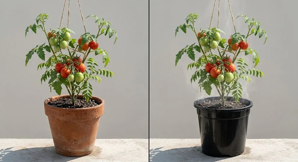 terracotta vs black plastic container temperature comparison tomato