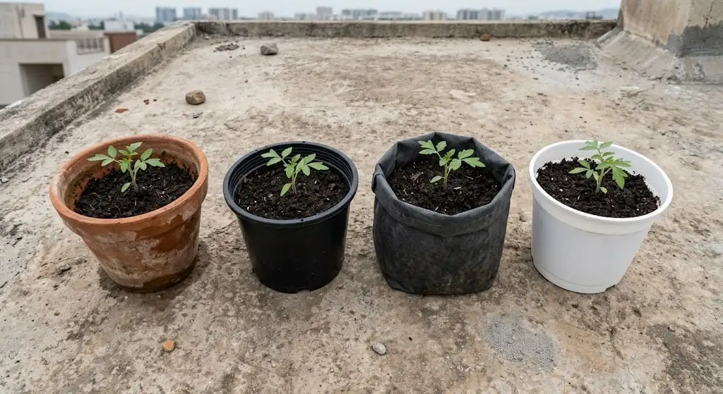 terracotta vs plastic vs grow bag containers for tomatoes India