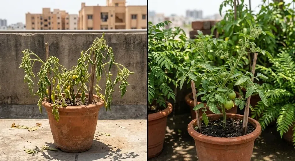 tomato heat stress vs healthy plant Indian summer balcony