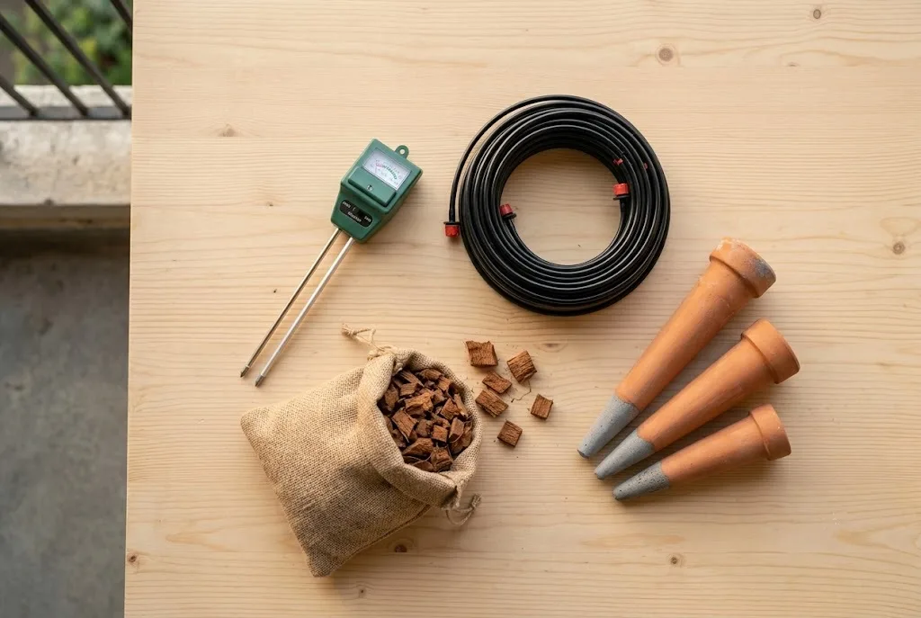 watering tools flatlay India moisture meter drip kit mulch