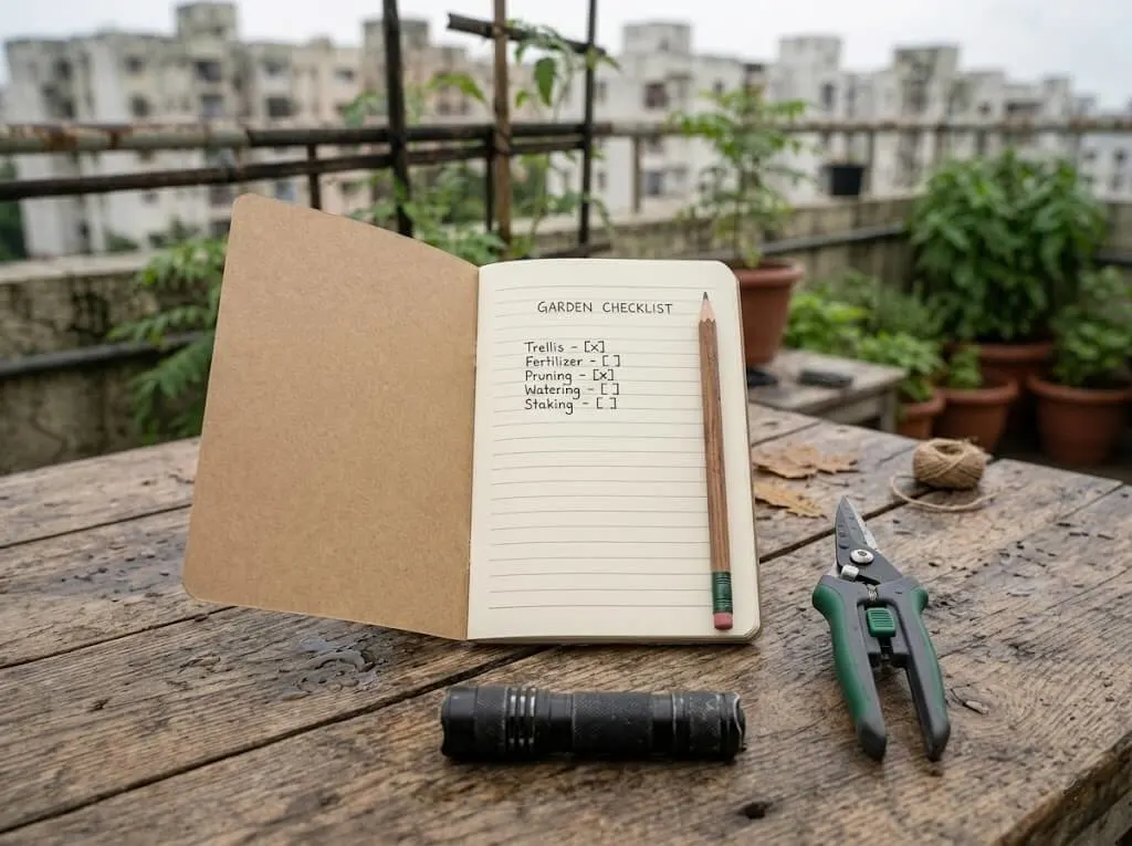 weekly monsoon garden checklist flatlay India
