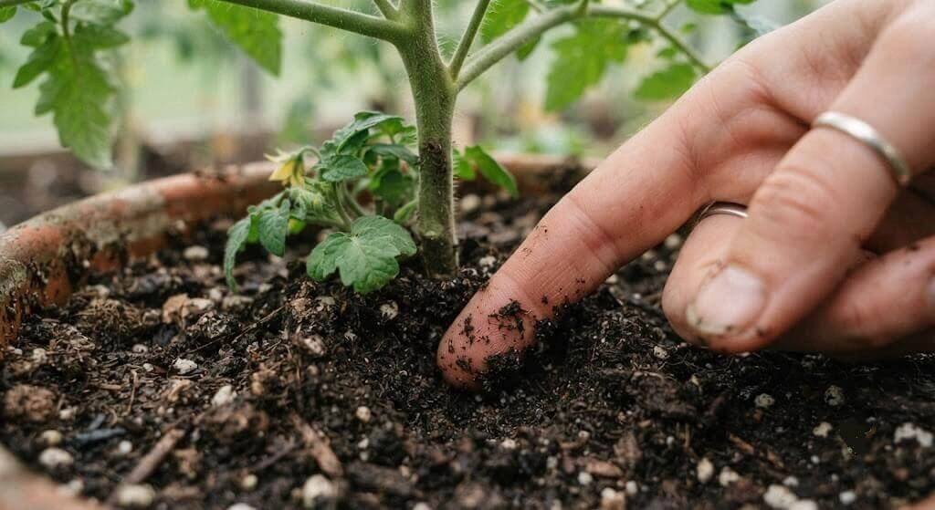 finger test soil moisture tomato container check