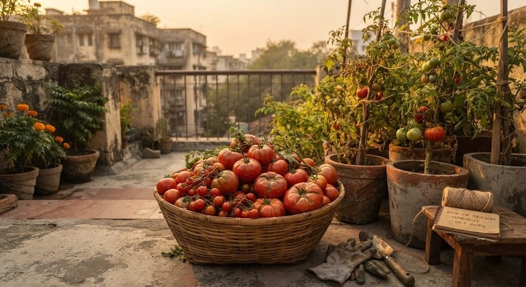 full tomato harvest basket terrace season end India