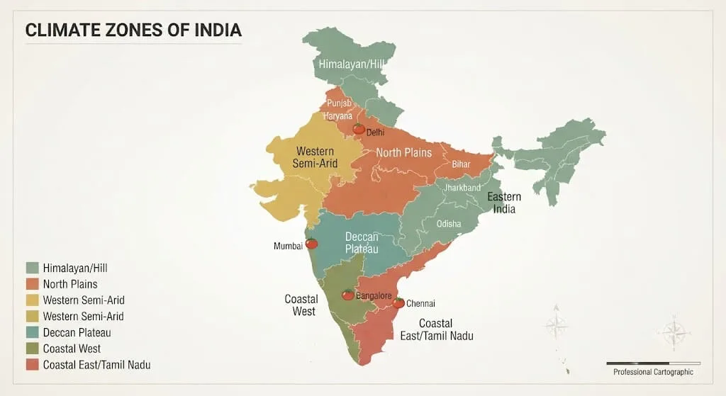 India 7-zone tomato growing climate map by city
