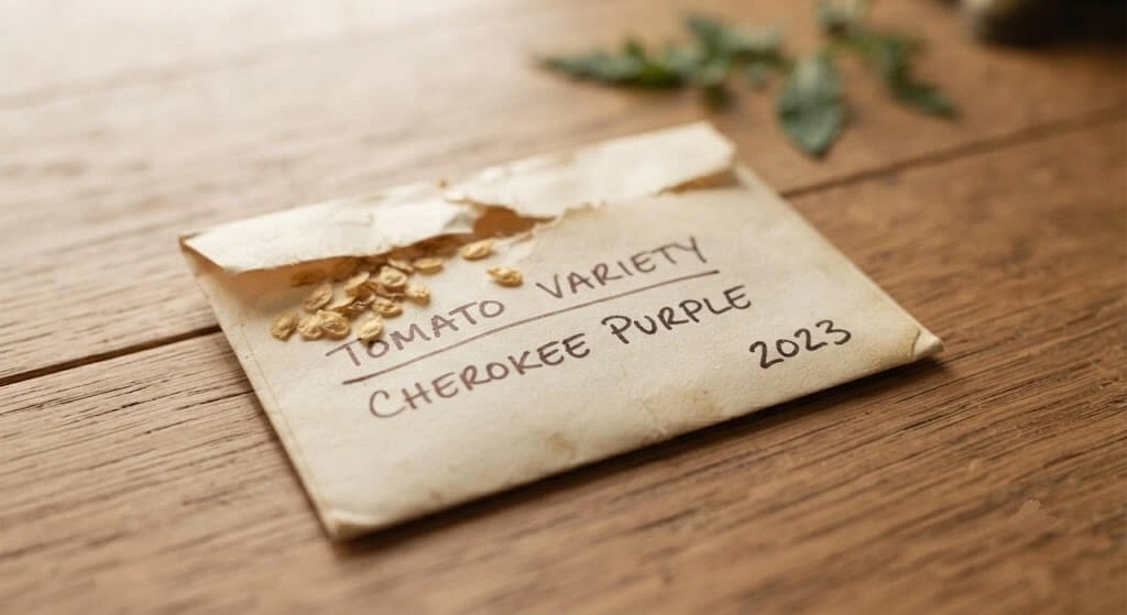 labelled seed envelope tomato variety year storage