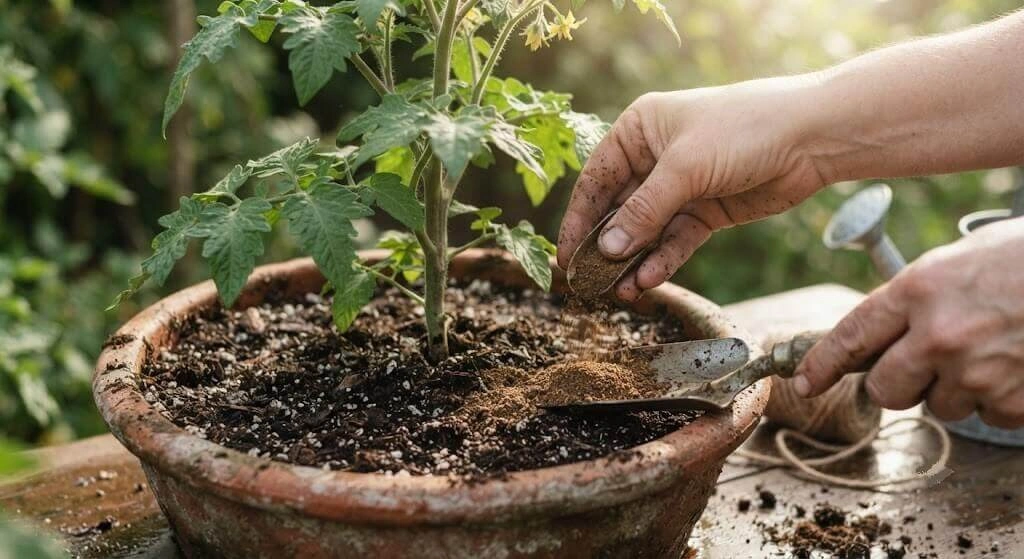 neem cake bone meal top dress tomato container