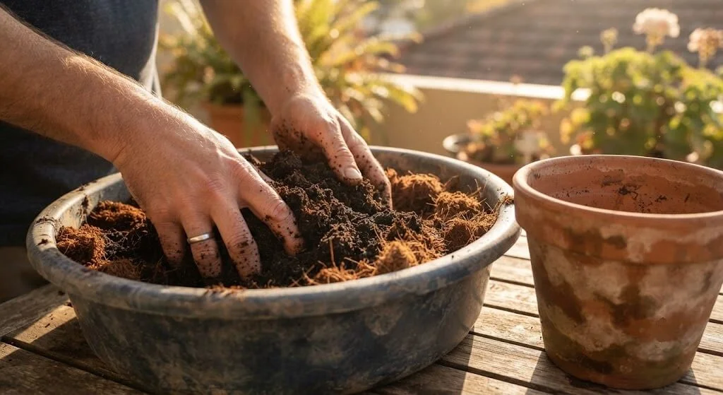 mixing cocopeat and vermicompost for October container soil