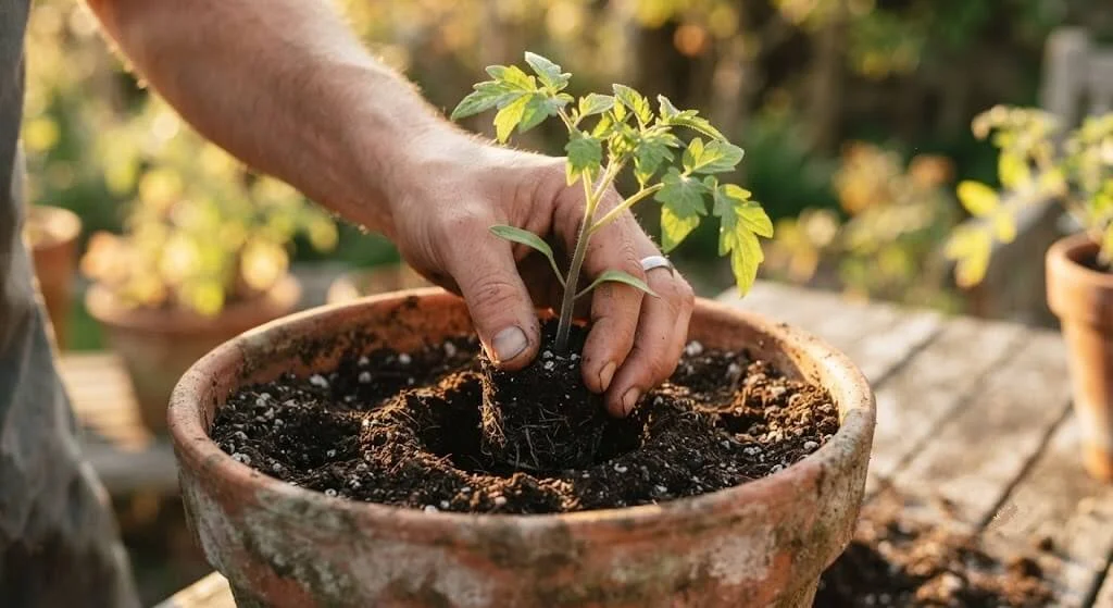 transplanting tomato seedling in October Indian balcony garden