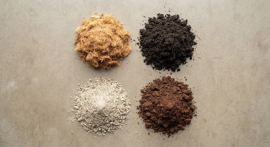 potting mix four ingredients flat lay cocopeat vermicompost sand soil