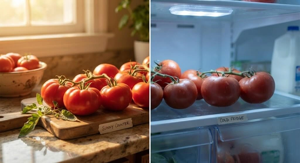 ripe tomatoes counter vs refrigerator storage comparison