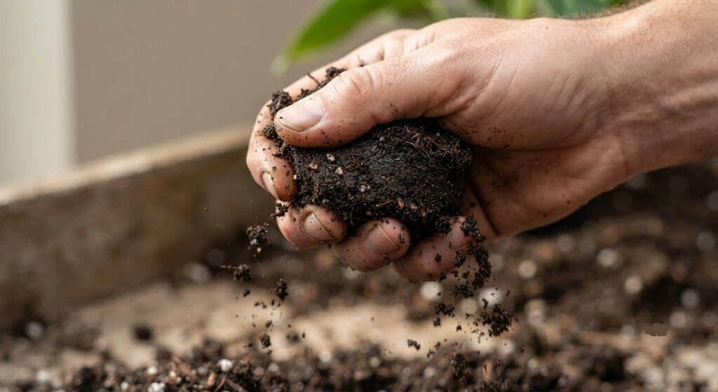 squeeze test potting mix hand crumble tomato soil