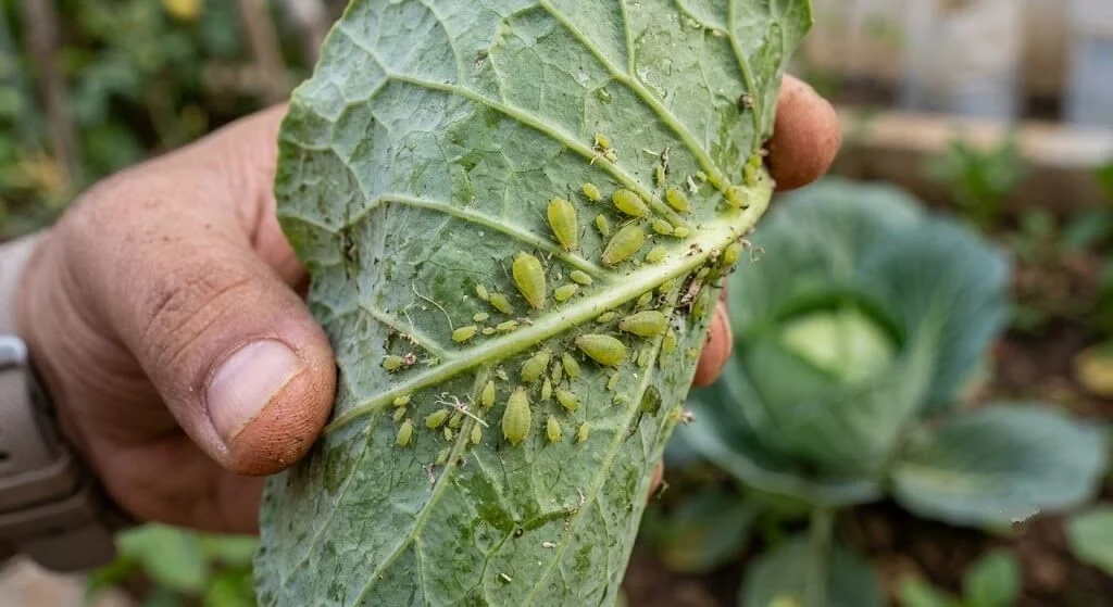aphids on cabbage leaf in November Indian container garden