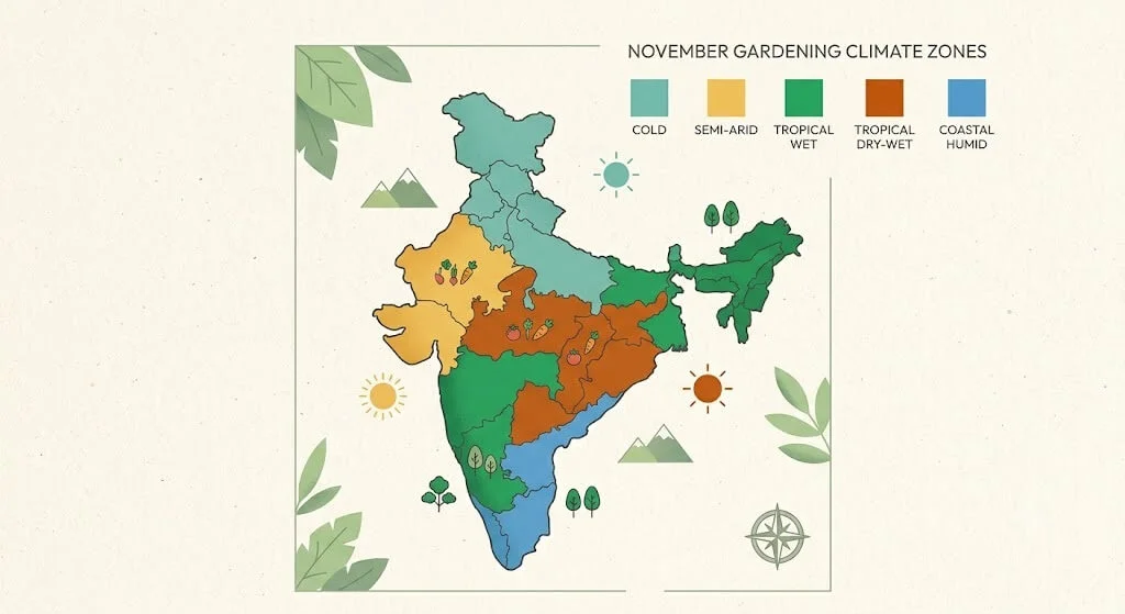 India climate zone map for November gardening by region