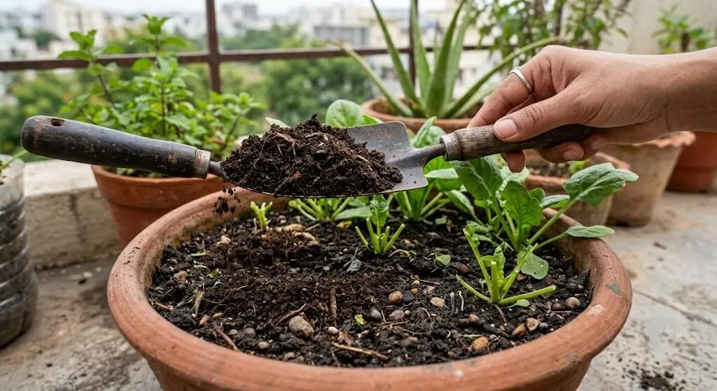 topping up vermicompost in November resown container